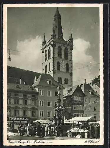 AK Trier, Kirche St. Gangolf mit Geschäft Tengelmann und Marktbrunnen