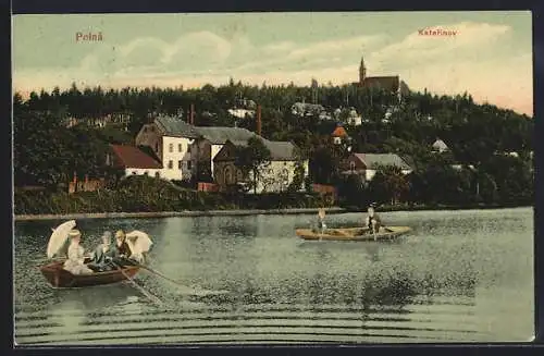 AK Polná, Katerinov, Ruderpartie mit Stadtblick