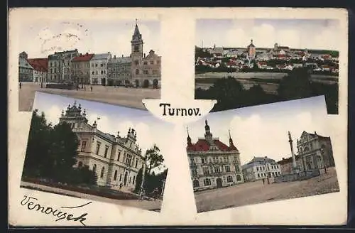 AK Turnau / Turnov, Vier Ansichten von und aus der Stadt