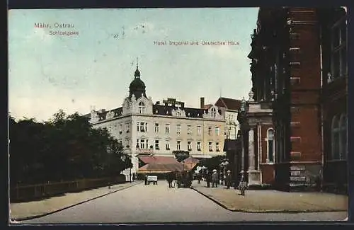 AK Mähr. Ostrau, Hotel Imperial und Deutsches Haus an der Strasse Schlossgasse