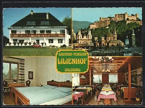 AK Salzburg, Gasthof Lilienhof, Siezenheimer Strasse 62, Panorama mit Hohensalzburg