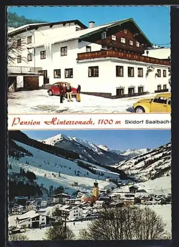 AK Saalbach, Hotel-Pension Hinterronach, Ortsansicht im Winter