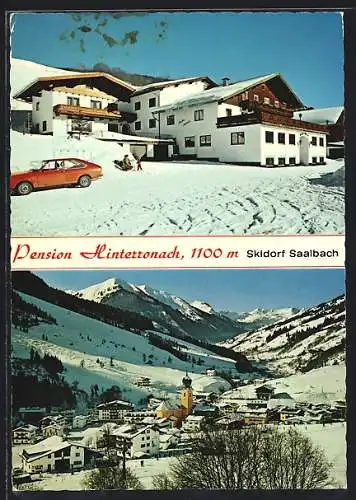 AK Saalbach, Hotel-Pension Hinterronach im Winter, Ortsansicht