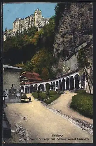 AK Salzburg, St. Peter-Friedhof mit Festung Hohen-Salzburg