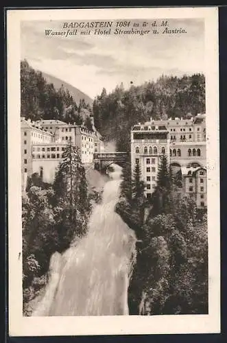 AK Badgastein, Wasserfall mit Hotel Straubinger und Austria