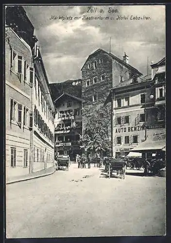 AK Zell am See, Marktplatz mit Kastnerturm und Hotel Lebzelter