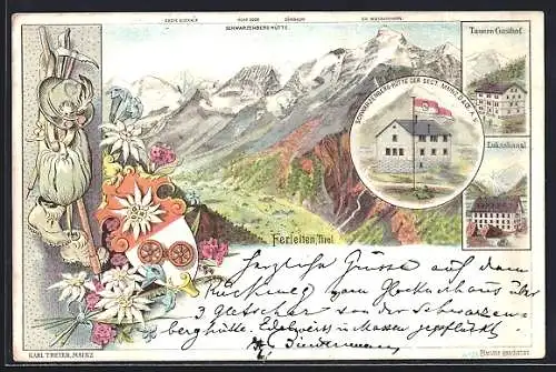 Lithographie Fusch, Schwarzenberg-Hütte der Sect. Mainz D. & Oe. A. V., Tauern-Gasthof