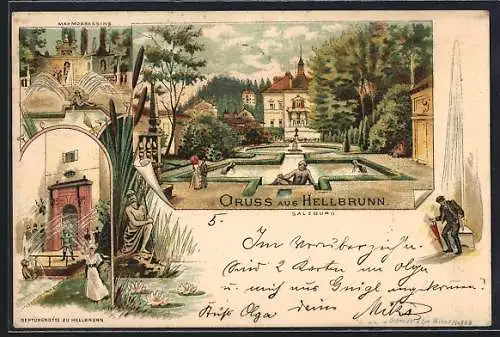 Lithographie Hellbrunn, Marmorbassins, Neptunsgrotte, Ortsansicht