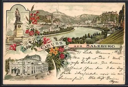 Lithographie Salzburg, Mozart-Denkmal., Stadttheater, Ortsansicht mit Fluss und Burg