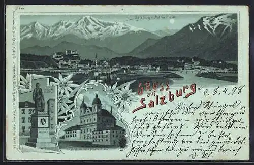 Mondschein-Lithographie Salzburg, Mozart-Denkmal, Wallfahrtskirche Maria Plain, Panorama