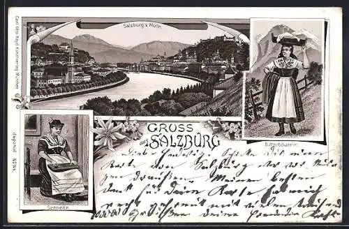 Lithographie Salzburg, die Stadt von Mülln betrachtet, Sennerin, Butterbäuerin