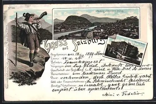 Lithographie Salzburg, Hotel de l`Europe, Totalansicht v. Electrischen Aufzug, Mann in Lederhosen mit Horn