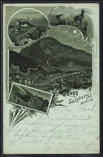 Mondschein-Lithographie Salzburg, Hotel Gaisbergspitze, Zahnradbahn-Station Zistel-Alpe