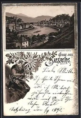 Vorläufer-Lithographie Salzburg, 1890, Panoramablick auf die Stadt, Flösserei, Zwerg mit Blumen