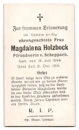 Sterbebild Magdalena Holzbock (1844-1914), Pfründnerin v. Scheppach