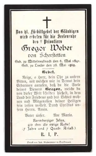 Sterbebild Gregor Weber von Scherstetten (1841-1919), Privatier