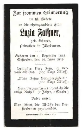 Sterbebild Luzia Faissner (1851-1919), Privatiere in Illerbeuren