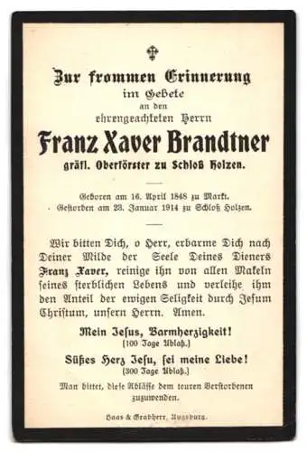 Sterbebild Franz Xaver Brandtner (1848.1914), gräfl. Oberförster zu Schloss Holzen