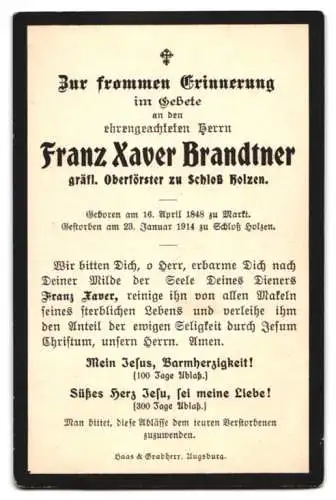 Sterbebild Franz Xaver Brandtner (1848-1914), gräfl. Oberförster zu Schloss Holzen