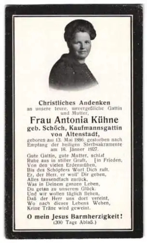 Sterbebild Antonia Kühne (1886-1927), Kaufmannsgattin zum Altenstadt