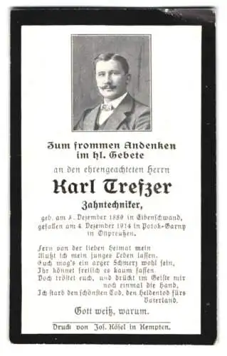 Sterbebild Karl Trefzer (1889-1914), Zahntechniker, gefallen am 4. Dezember 1914 in Cerný Potok Ostpreussen