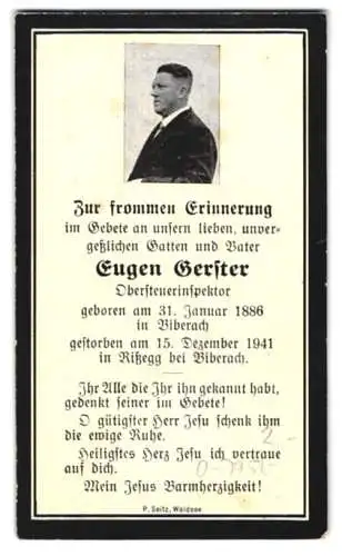 Sterbebild Eugen Gerster (1886-1941), Obersteuerinspektor