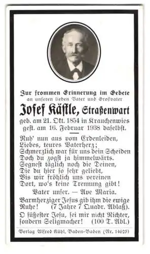 Sterbebild Josef Kästle (1854-1938), Strassenwart