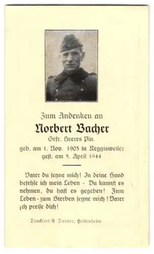 Sterbebild Norbert Bacher (1903-1944), Gefr. Heeres pin.