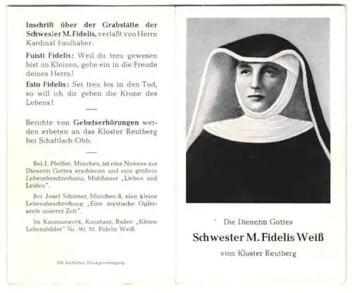 Sterbebild Schwester M. Fidelis Weiss, vom Kloster Reutberg