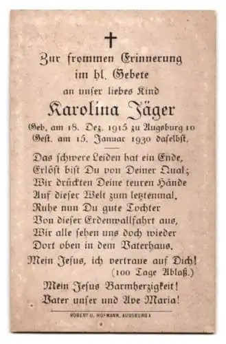 Sterbebild Karolina Jäger (1915-1930) geboren und verstorne zu Augsburg