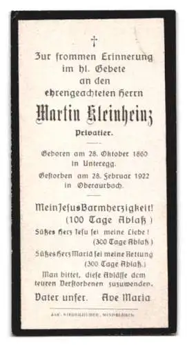 Sterbebild Martin Kleinheinz (1860-1922), Privatier