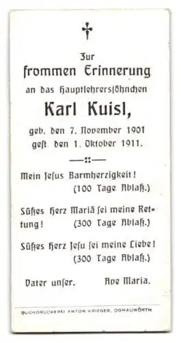 Sterbebild Karl Kuisl (1901-1911), Hauptlehrersohn