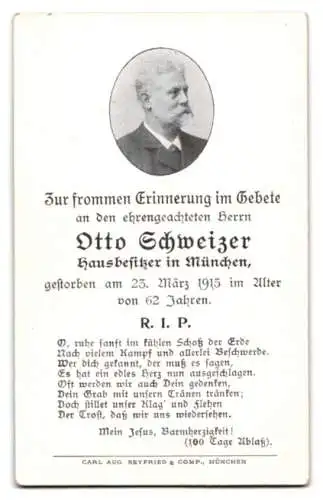 Sterbebild Otto Schweizer, Hausbesitzer in München, verstorben am 23. März 1915