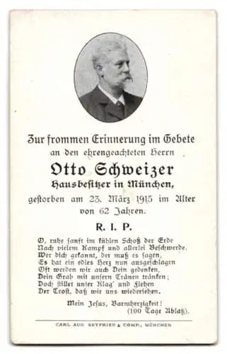 Sterbebild Otto Schweizer, Hausbesitzer aus München, verstorben am 23. März 1915