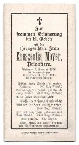 Sterbebild Kreszentia Mayer (1856-1918), Privatiere