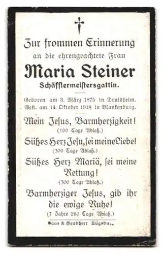 Sterbebild Maria Steiner (1875-1918), Schäfflermeistersgattin