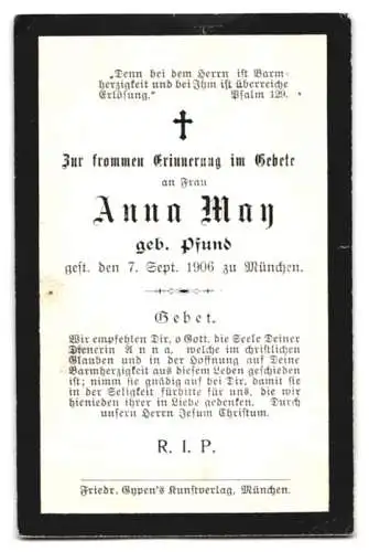 Sterbebild Anna May geb. Pfund, gestorben am 7. September 1906 zu München