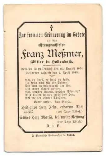 Sterbebild Franz Messmer (1854-1888), Gütler in Hollenbach, verstorben am 07. April 1888