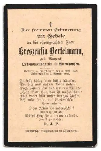 Sterbebild Kreszentia Bertelmann geb. Mayrock (1847-1903), Ökonomensgattin in Attenhausen