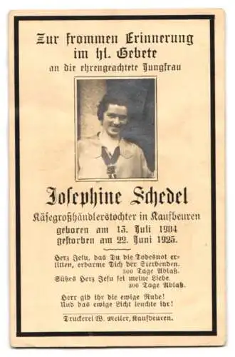 Sterbebild Josephine Schedel (1904-1925), Käsegrosshändlerstochter aus Kaufbeuren