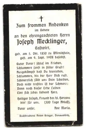 Sterbebild Joseph Mecklinger (1850-1908), Gastwirt, Verstorben am 09. September 1908 zu Wörnitzstein