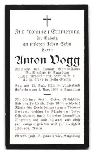 Sterbebild Anton Vogg (1914-1936), Absolvent des human. Gymnasiums St. Stephan, Arbeitsmann RAD Abtl. 7 /231 Zella-Mehli