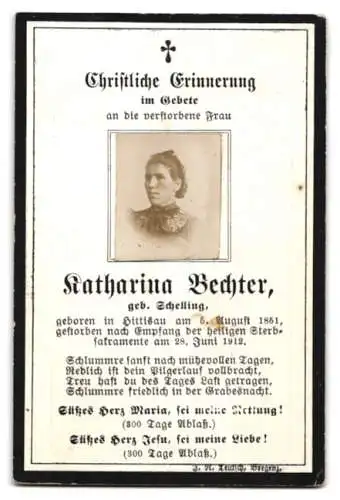 Sterbebild Katharina Bechter geb. Schelling (1851-1912), mit Lichtbild