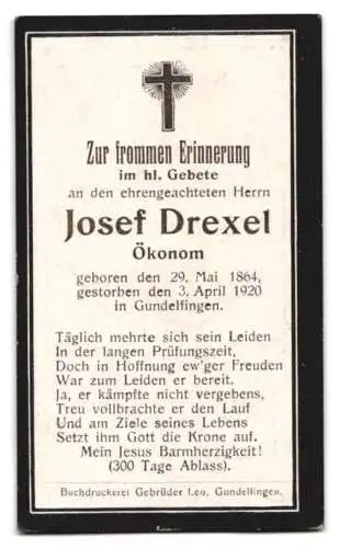 Sterbebild Josef Drexel (1864-1920), Ökonom