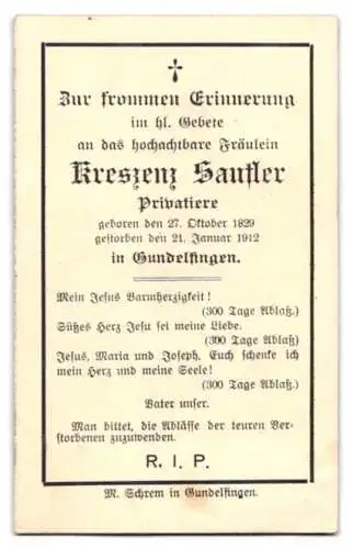 Sterbebild Kreszenz Sautler (1829-1912), Privatiere aus Gundelfingen