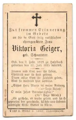 Sterbebild Viktoria Geiger geb. Schnatterer (1828-1895), geboren und verstorben zu Haselbach