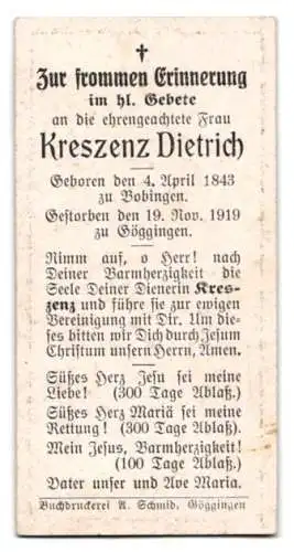 Sterbebild Kreszenz Dietrich (1843-1919), verstorben zu Göggingen