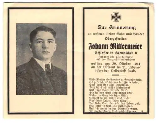 Sterbebild Johann Mittermeier, Schlosser in Seewalchen, Inhaber des E.K. 2. Klasse, gefallen an Ostfront 30. Okt. 1944