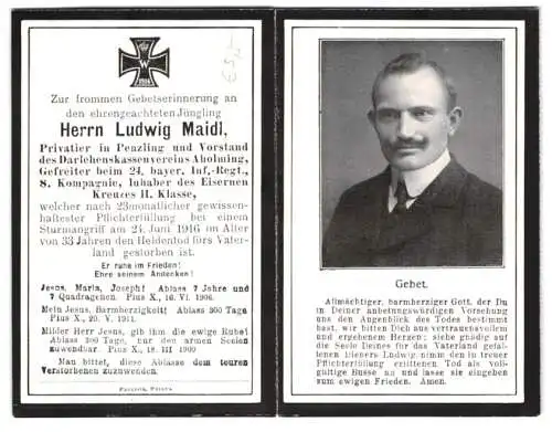 Sterbebild Ludwig Maidl, Privatier & Vorstand Darlehenskassenverein Aholming, Gefr. 24. bay. Inf.-Rgt. 8. Komp., E.K. 2.