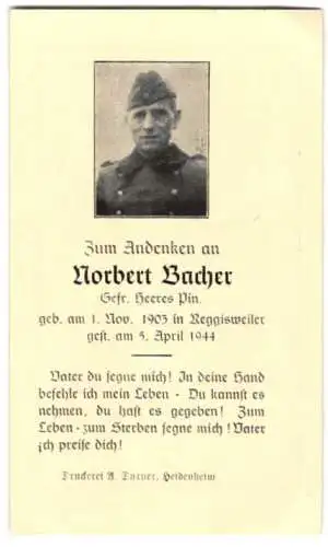 Sterbebild Norbert Bacher (1903-1944), Gefreiter Heeres Pin., gefallen am 5. April 1944